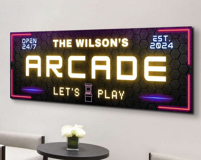 Arcade Sign, Custom Game Room Wall Art, Personalized Arcade Gifts for Men, Neon Retro Video Gamer Artwork, Man Cave Gaming Decor, Name Signs