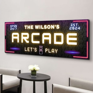 Arcade Sign, Custom Game Room Wall Art, Personalized Arcade Gifts for Men, Neon Retro Video Gamer Artwork, Man Cave Gaming Decor, Name Signs