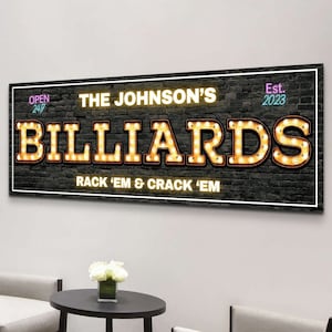 Personalized Billiards Sign, Custom Pool Table Room Decor, Rustic Billiard Wall Art, Marquee Game Room Name Canvas Housewarming Gift Artwork