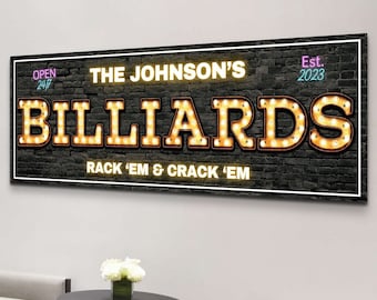 Enseigne de billard personnalisée, décoration de chambre de billard personnalisée, art mural billard rustique, nom de la salle de jeux chapiteau toile cadeau de pendaison de crémaillère