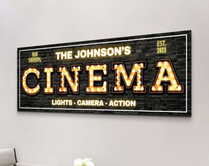 Personalized Cinema Signs, Home Theater Wall Art, Custom Movies Home Decor, Marquee Gifts, Rustic Man Cave Canvas Print Artwork, Retro Room