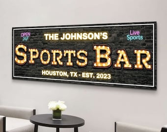 Sports Bar Sign Personalized, Custom Sports Man Cave Wall Art, Marquee Basement Pub Canvas Artwork Home Decor, Housewarming Gift for Men Him