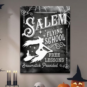 Salem Witches Flying School Sign, Halloween Wall Art, Spooky Gothic Decor, Canvas Print, Witch Artwork, Scary Decorations, Witchy Decor