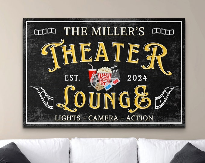 Custom Movie Theater Sign, Modern Cinema Wall Art, Personalized Lounge Decor, Housewarming Gifts, Home Artwork Decorations, Family Last Name