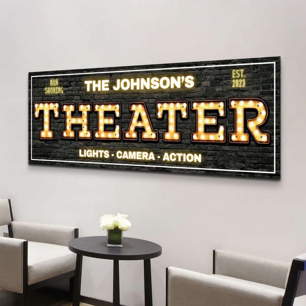 Personalized Theater Sign, Cinema Custom Sign, Home Movie Room Decor, Vintage Marquee Canvas, Housewarming Gifts, Rustic Man Cave Decoration