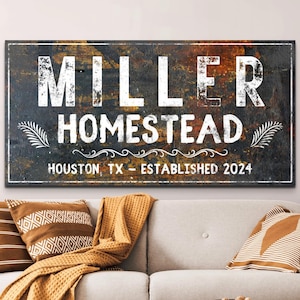 Homestead Family Name Sign, Rustic Modern Farmhouse Wall Art, Country Decor Canvas Print, Custom New Home Gift Distressed Vintage Decoration