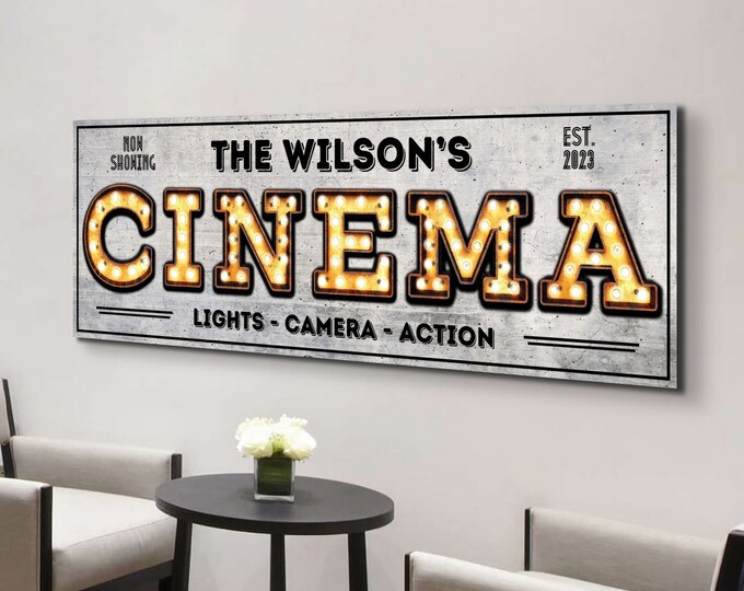 Cinema Signs, Home Theater Decor, Personalized Name Gifts, Custom Movie Room Name Wall Art, Vintage Marquee Themed Artwork, Home Man Cave