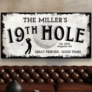 Vintage 19th Hole Sign Personalized Golf Wall Art, Custom Golf Decor, Rustic Golf Canvas Print, Cool Gifts for Him, Sports Man Cave Home Bar