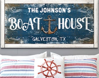 Boat House Sign, Personalized Boat House Decor, Custom Nautical Wall Art, Rustic Coastal Home Decorations Gifts, Vintage Name Canvas Print