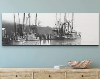 Boats Wall Art, Ship Canvas Print, Home Decor, Black White Coastal Photography, Shrimp Fishing Boat Picture, Ocean Artwork. Nautical Sea Art