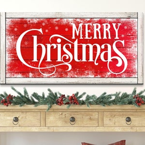 Red Merry Christmas Sign, Modern Farmhouse Christmas Home Decor, Xmas Wall Art, Rustic Holiday Decorations, Vintage Distressed Canvas Print