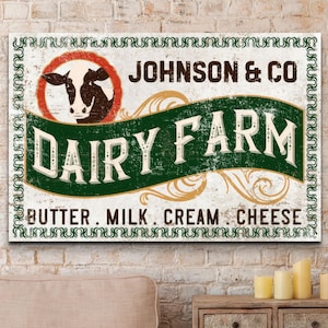 Personalized Dairy Farm Sign, Modern Farmhouse Decor, Vintage Country Farmer Wall Art, Custom Name Canvas Cow Artwork, Father's Day Gift Him