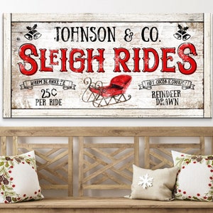 Sleigh Rides Sign, Personalized Christmas Wall Art, Custom Xmas Rustic Decor Modern Farmhouse Distressed Holiday Sign Gift Name Canvas Print