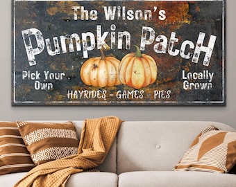 Personalized Pumpkin Patch Sign, Rustic Pumpkin Farm Decor, Custom Modern Farmhouse Fall Wall Art, Autumn Family Name Vintage Canvas Print