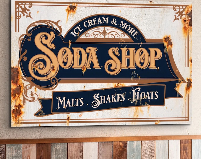 Retro Rustic Soda Shop Sign, Vintage Diner Wall Art, 60s or 70s Restaurant Decor, Old Pop Soda Canvas Print, Ice Cream Milkshake Decoration