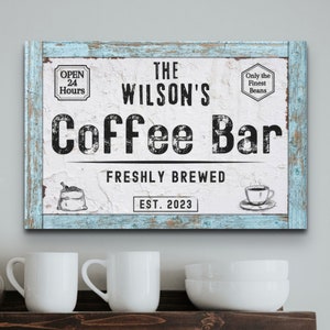 Personalized Coffee Bar Signs, Kitchen Home Decor Wall Art, Custom Farmhouse Canvas Print,  Rustic House, Mom Housewarming Gift Family Name