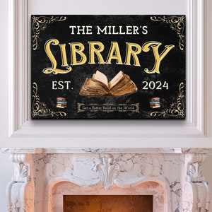 Personalized Library Sign for home decor. Great Housewarming or Librarian gift for a house.  Custom Bookworm and Book Lovers Artwork for a home library or reading corner room.  A Farmhouse Modern style with books and Est. Date on it.
