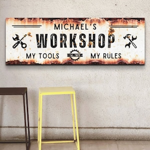 Workshop Sign, Personalized Work Shop Decor, Rustic Wall Art, Papas Garage, Dads Workshop Artwork, Custom Fathers Day Gift, Auto Mechanic