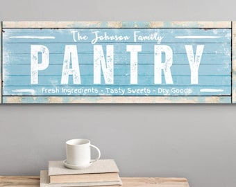 Pantry Sign, Personalized Kitchen Decor, Custom Farmhouse Wall Art, Housewarming Gift, Vintage Distressed Canvas Print Blue Family Name Sign