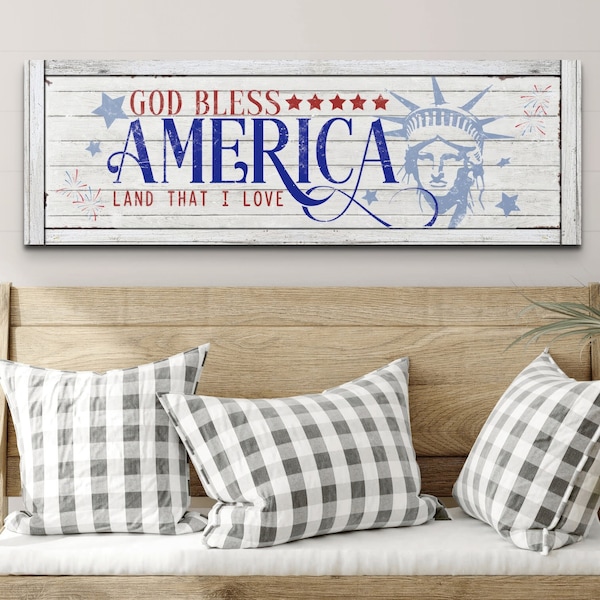 God Bless America Sign, Statue of Liberty Wall Art, Patriotic Decor, Farmhouse Artwork, 4th of July, Veteran Gifts for Him, USA Decorations