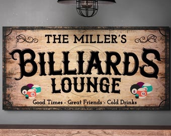 Billiards Lounge Sign, Personalized Billiards Wall Art, Custom Bar Decor, Rustic Distressed Name Canvas Print, Game Room Gifts for Men Him