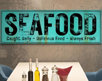 Seafood Sign Restaurant Wall Art, Teal Beach House Decor, Rustic Seafood Artwork, Nautical Kitchen Canvas Print Dining Room, Home Food Gifts