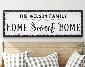 Personalized Home Sweet Home Sign, Farmhouse Quotes Decor, Custom Family Name Wall Art, Distressed Canvas Print, Foyer Artwork Decorations