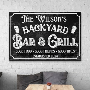 Personalized Backyard Bar & Grill Sign, Custom Modern Farmhouse Wall Art, Name Artwork, Black White Pub Decor Decoration, Housewarming Gifts