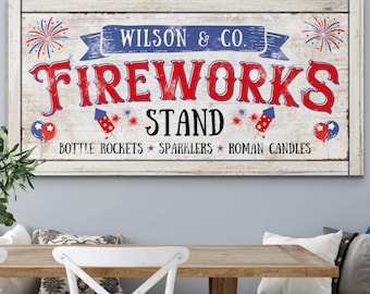 Fireworks Stand Sign Personalized July 4th Wall Art, Modern Farmhouse Home Decor Independence Day, Vintage Rustic Custom Name Canvas Artwork