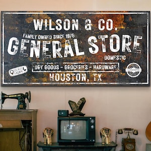 General Store Sign, Personalized Rustic Decor, Vintage Wall Art, Custom Mercantile Signage, Antique Store Sign, Name Canvas Print, Est Date