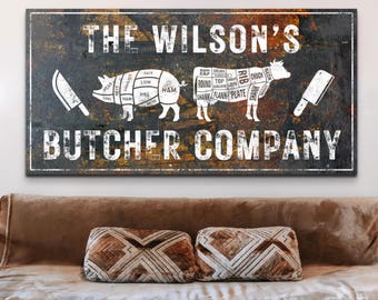Butcher Sign Personalized Kitchen Wall Art, Custom Rustic Farmhouse Home Decor, Butcher Cuts Chart Diagram, Name Canvas Print, Chef Gift Him
