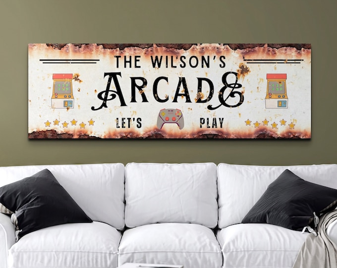 Rustic Arcade Sign, Personalized Game Room Decor, Custom Video Game Wall Art, Retro Gaming Artwork, Gamer Gifts 80s Vintage Home Decorations