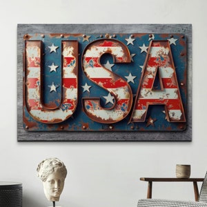 Industrial Rustic USA Wall Art Sign on a Canvas Print. Patriot or Veteran's gift for their home decor or office.  United States of America Artwork Decoration that is a centerpiece for your house. #usadecor #veterangifts #usawallart #usasign
