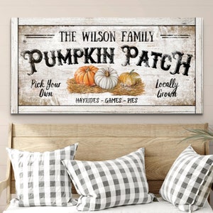 Pumpkin Patch Sign, Personalized Fall Wall Art, Thanksgiving Decor, Custom Kitchen Artwork, Rustic Autumn Farmhouse Canvas Print Family Name