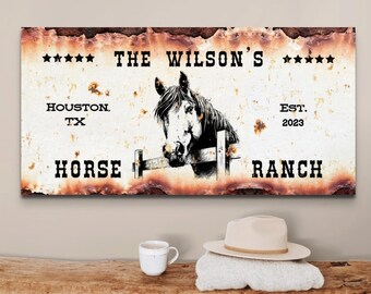 Personalized Horse Ranch Sign, Custom Farmhouse Horse Wall Art, Country Western Decor, Primitive Farmhouse Artwork Family Name Gifts Him Her