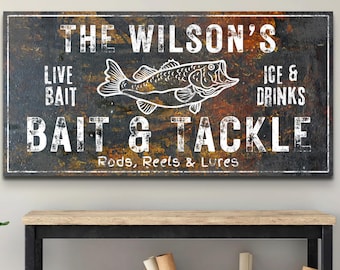 Bait Shop Sign, Personalized Bait & Tackle Wall Art, Custom Fishing Decor, Fisherman Gift for Dad Men, Rustic Lake House Name Canvas Coastal