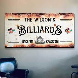 Billiards Sign, Personalized Billiards Wall Art, Rustic Home Decor, Pool Table Room, Custom Pool Hall Gifts, Basement Bar Lounge Family Name