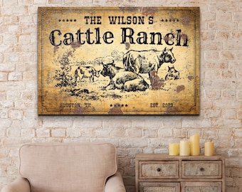Rustic Cattle Ranch Sign, Personalized Ranch Wall Art Decor, Farmhouse Home, Country Western Decorations, Custom Name Cowboy Canvas Artwork