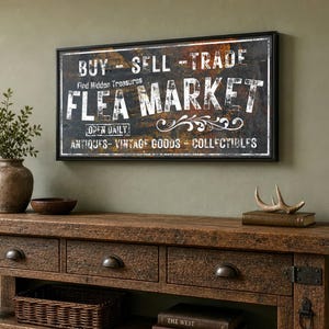 Flea Market Sign Rustic Wall Art, Farmhouse Decor Vintage Antiques Canvas Art Distressed Signage Collectibles, Home Gifts, Buy Sell Trade image 4