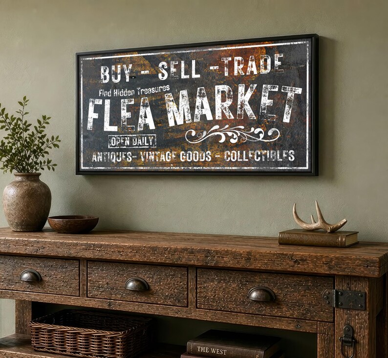 Flea Market Sign Rustic Wall Art, Farmhouse Decor Vintage Antiques Canvas Art Distressed Signage Collectibles, Home Gifts, Buy Sell Trade image 4