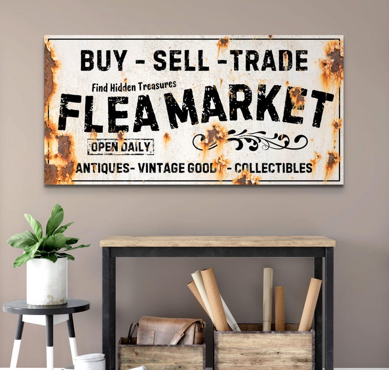 Flea Market Sign Rustic Wall Art, Farmhouse Decor Vintage Antiques Canvas Art Distressed Signage Collectibles, Home Gifts, Buy Sell Trade image 2