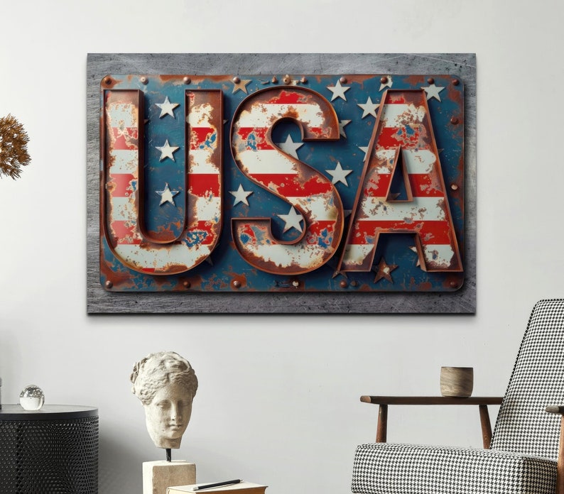 Industrial Rustic USA Wall Art Sign on a Canvas Print. Patriot or Veteran's gift for their home decor or office.  United States of America Artwork Decoration that is a centerpiece for your house. #usadecor #veterangifts #usawallart #usasign