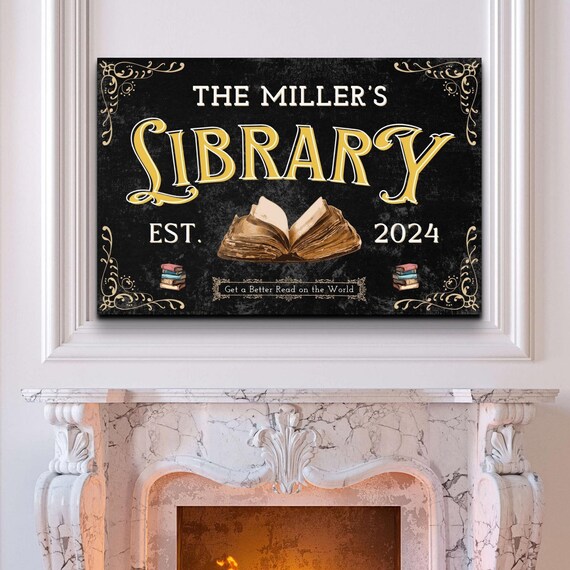 Library Sign, Book Lover Artwork, Library Gifts Ideas, Farmhouse Custom Booknook Library, Personalized Est Modern Bookworm Wall Art Reading