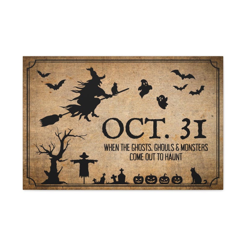 Vintage Primitive Halloween Wall Art Canvas Print, Primitive October 31 Witch Decor, Rustic Gothic Halloween Sign Bats Ghost, Old Fall Decor image 8
