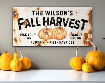 Rustic Fall Harvest Personalized Wall Art Sign, Thanksgiving Fall Home Decorations, Modern Farmhouse Pumpkin Canvas Print, Autumn Sign