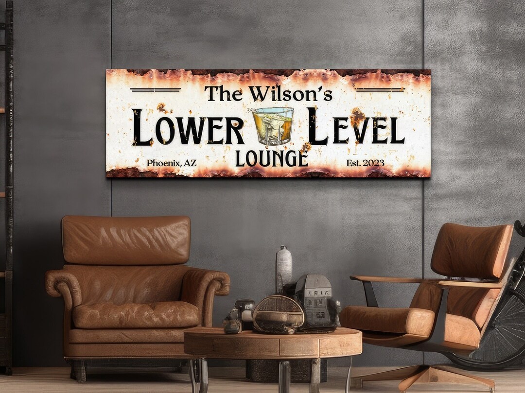 Rustic Lower Level Lounge Sign, Personalized Home Bar Wall Art