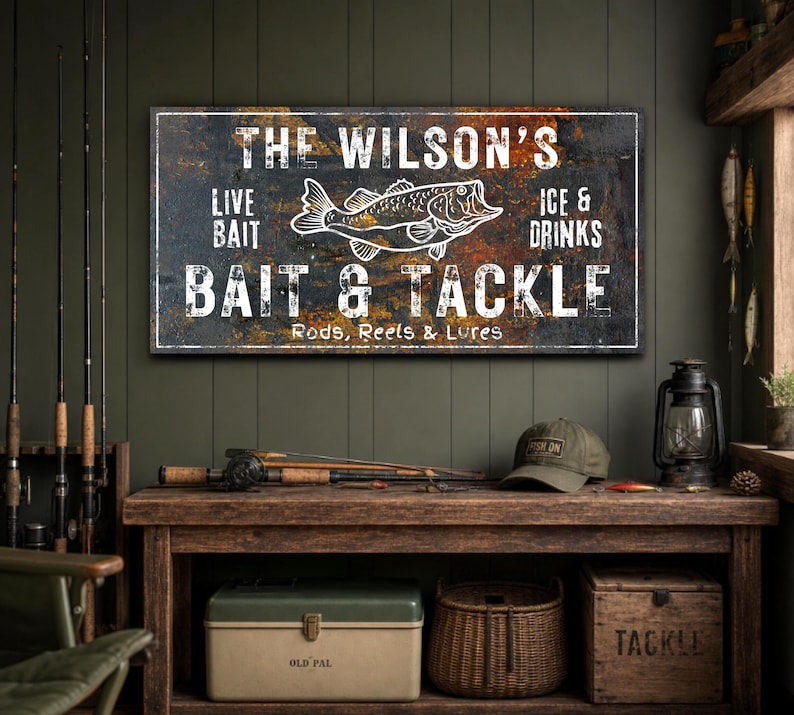 Personalized Bait and Tackle Sign, Rustic Fishing Wall Art, Custom Bass ...