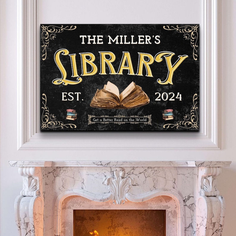 Personalized Library Sign for home decor. Great Housewarming or Librarian gift for a house.  Custom Bookworm and Book Lovers Artwork for a home library or reading corner room.  A Farmhouse Modern style with books and Est. Date on it.