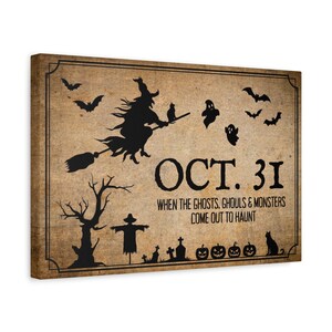 Vintage Primitive Halloween Wall Art Canvas Print, Primitive October 31 Witch Decor, Rustic Gothic Halloween Sign Bats Ghost, Old Fall Decor image 4