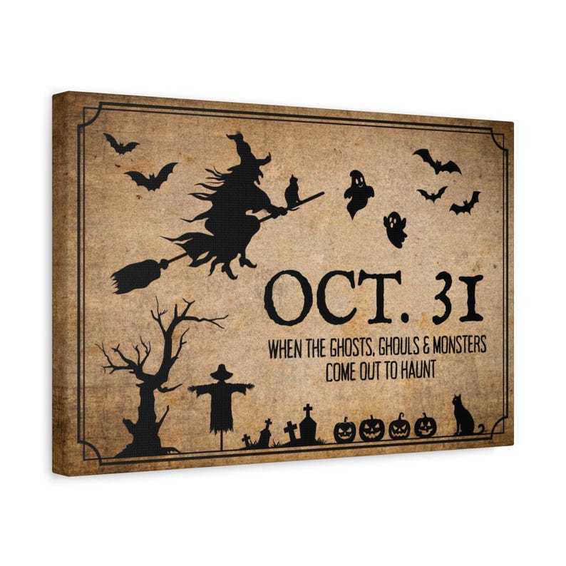 Vintage Primitive Halloween Wall Art Canvas Print, Primitive October 31 Witch Decor, Rustic Gothic Halloween Sign Bats Ghost, Old Fall Decor image 4